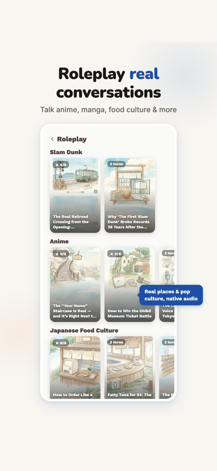 Kana topic selection screen with everyday Japanese conversation themes
